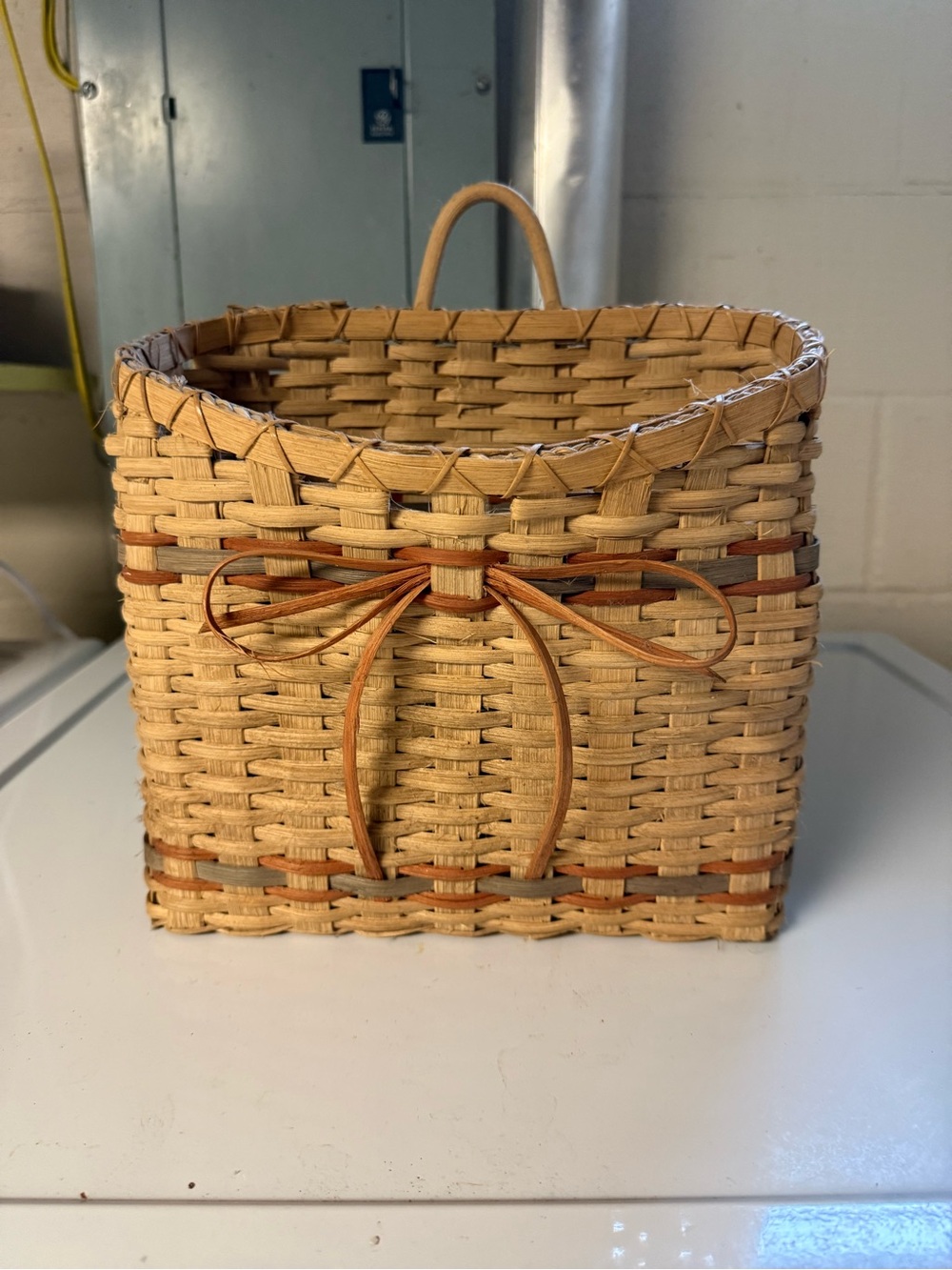 Vtg Hand Woven Basket with Rust Bow & Blue Accents Signed 1989 Rustic Country